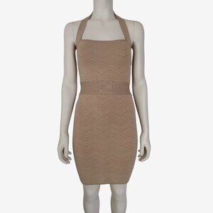 Bebe Gold Chevron Metallic Mini Knit Halter Bandage Dress Size M